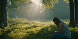 a girl kneeling down in the middle of the forest