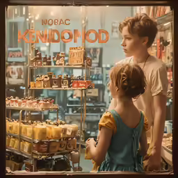 a young girl and young boy look at items displayed in the glass window of a shop