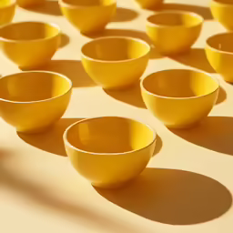 some small yellow bowls sit on top of a table