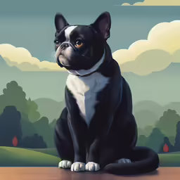 a dog sitting on a table looking at the camera