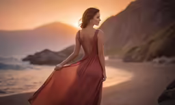 a woman with red hair in a pink dress looking at the sunset
