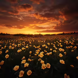 a sunset is shown over a large field of yellow flowers
