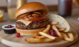 an image of a hamburger with fries and fruit