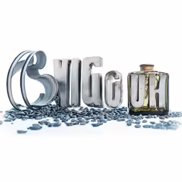 the word s is in the middle of the photo and two bottles with rocks around it