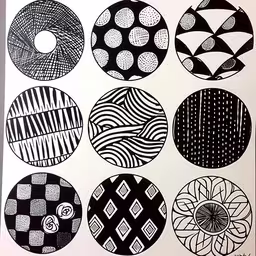 a series of eight black and white circles with small squares,six different circular shapes are shown in black and white