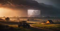 a field with a jeep parked next to a tent at night