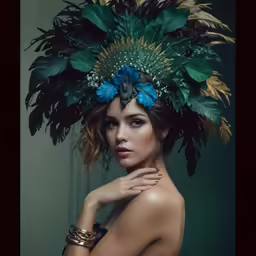 the woman is wearing a feather headdress