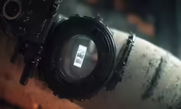 a camera on a metal tube with a white light inside
