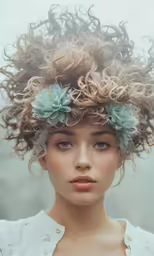 woman with curly hair and a blue flower in her hair