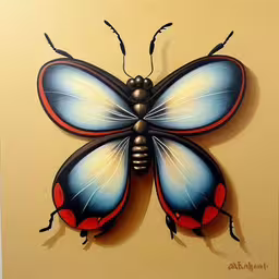 a painting of a butterfly is shown against a wall,a painting of a butterfly made of various colors
