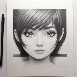 a black and white drawing of a girl with dark hair