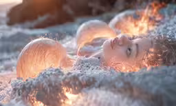 a girl lies in the ocean as flames light up the water