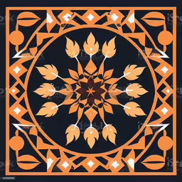 a colorful orange and black tile pattern on a black wall,a design with stylized lines and shapes of flowers,the orange flower is in an intricate design,a design that resembles leaves and leaves, and has many variations of the same shape,a close up of an orange and black tiled floor