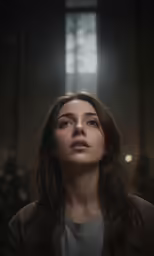 a woman in a dimly lit room looking up