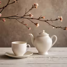 white ceramic tea set on an old table with pink flowers