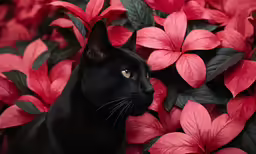 a black cat is sitting among red flowers