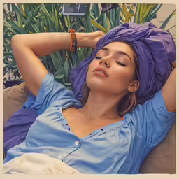 a woman is laying on the couch with her hands in her hair