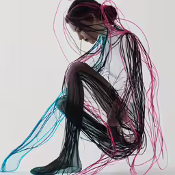 the woman in the image has a veil of purple and blue lines