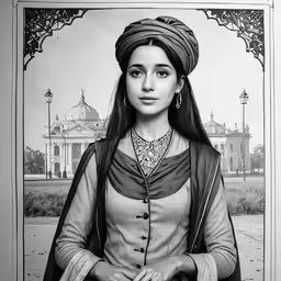 a girl is standing in front of a palace