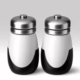 two white and black salt cellars next to each other