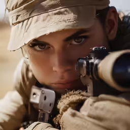 the woman is aiming her gun at something