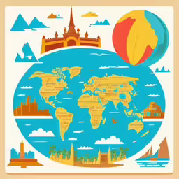 an illustrated map showing countries with a hot air balloon in the middle,a blue and yellow poster that shows the world on a globe