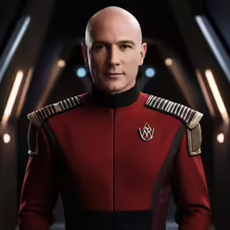 the character commander from star trek is dressed in red and black