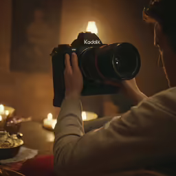 a woman holds a camera up to take pictures