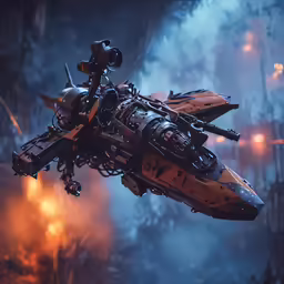 a yellow and black robot that is in the air