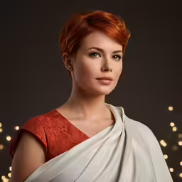 a woman is wearing a red and white dress