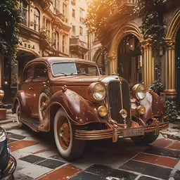 an old car parked on the side of the road