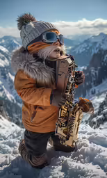 a kid with a saxophone playing in the snow