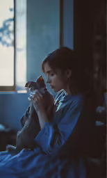 a young woman sits and holds a small dog