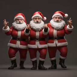 three santa clauss with their hands in the air