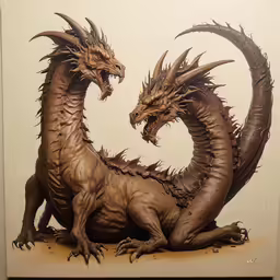 a painting of two black dragon statues on a white wall