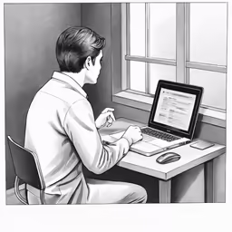 a cartoon of a person sitting at a desk with a computer and mouse