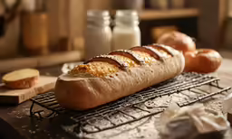 a hot dog bun with peanut butter and icing sits on a cooling rack