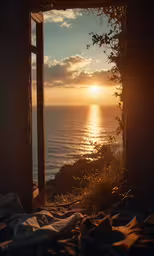 an open window shows the setting sun