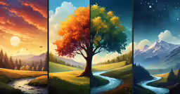 four views of the same area of a tree with different mountains in the distance