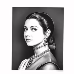 a woman wearing jewels and earrings is posed in a black and white photo