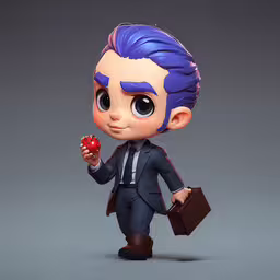 a toy character is holding a apple in one hand and briefcase,a small doll holding an apple and carrying a briefcase