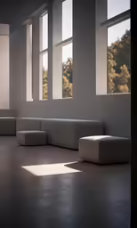 a white couch sitting under two large windows