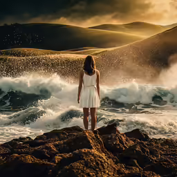 woman in white dress standing on rock looking at waves