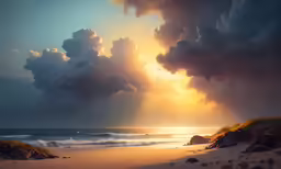 the sun setting over the ocean with clouds above it