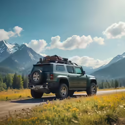 a jeep with a cargo bag is traveling on the road
