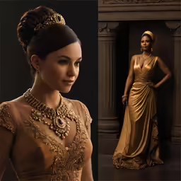 woman wearing a dress with golden jewelry and standing in front of her