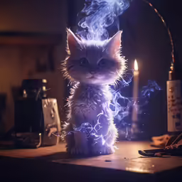 a small kitten in flames next to a lit candle