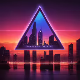 a neon triangle logo over a cityscape at sunset,neon triangle sign with the word virtual city in the middle