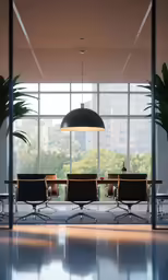 a conference table surrounded by leather chairs