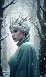 a woman with a very large headdress standing in front of some trees